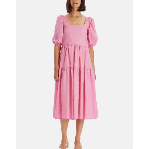 Moon River square neck tiered puff sleeve bubblegum pink midi dress barbie M - Picture 1 of 6